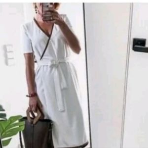 Zara Fringe Wrap Dress, Size Small, White with Red and Black Trim.